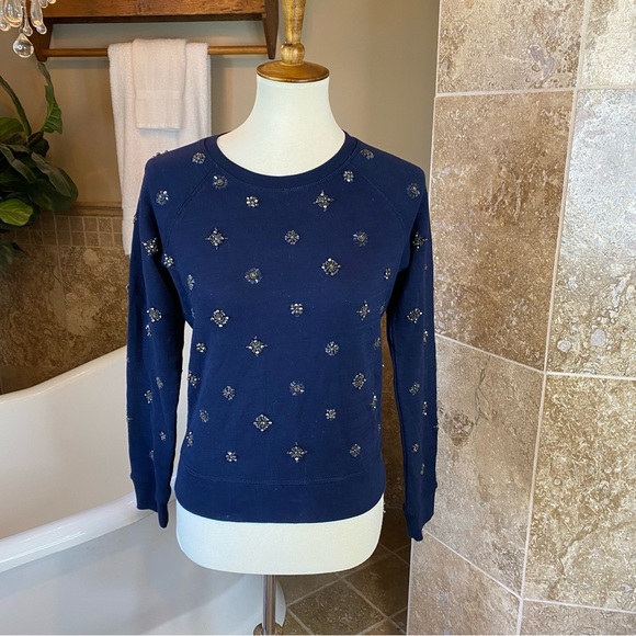 J. Crew Sweaters - NWT J. Crew Jeweled Embellished Cotton Pullover Sweater Size Small Navy Blue